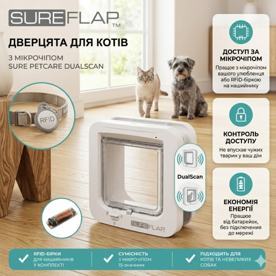 Дверцята для кішок SureFlap Sure Petcare DualScan з мікрочіпом, RFID-бірки для нашийників та сумісність з мікрочіпом, керування Київ