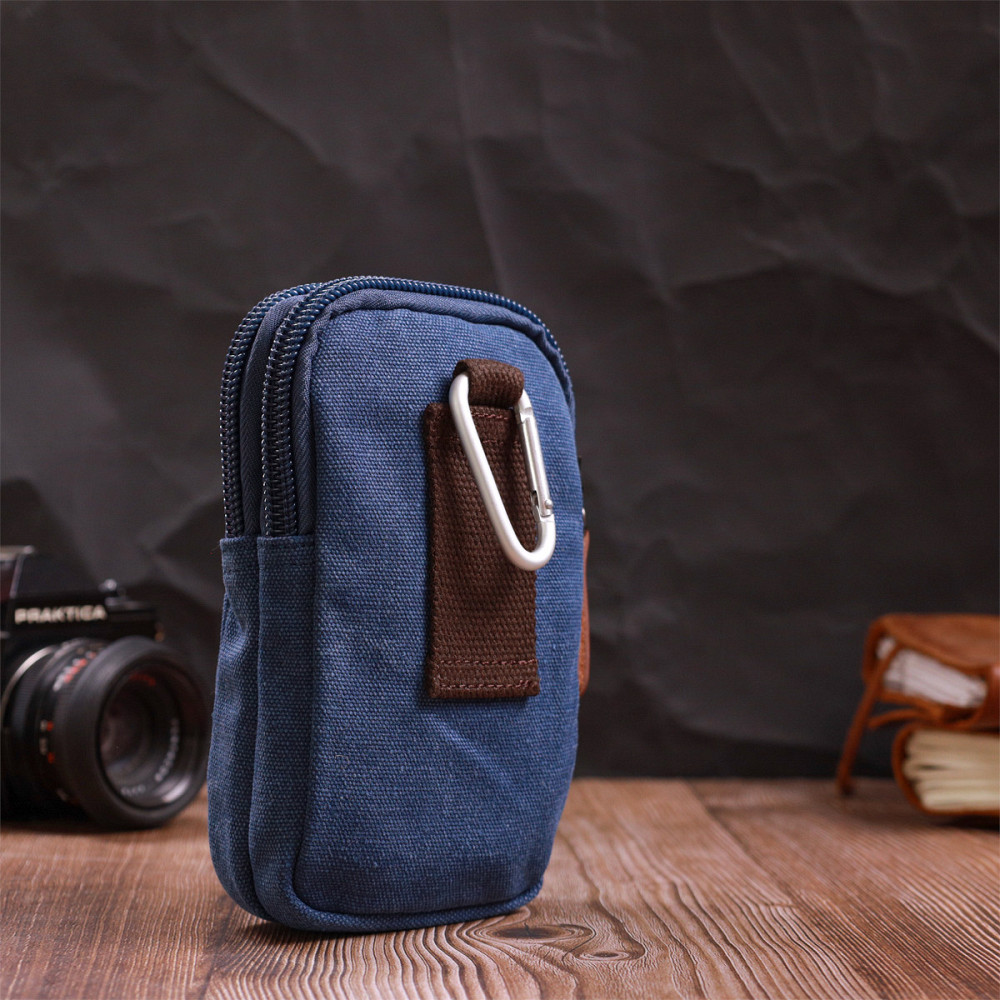 Практична сумка-чохол на пояс із металевим карабіном із текстилю Vintage 22226 Синій Київ - фото 2