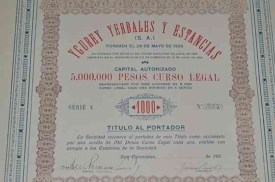 Акція. Ygurey Yerbales y Estancias S. A. 1926 рік №834 (30) 38*30 Полтава