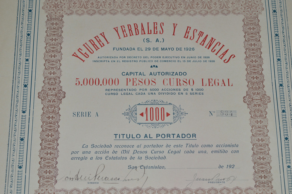 Акція. Ygurey Yerbales y Estancias S. A. 1926 рік №834 (30) 38*30 Полтава - фото 1