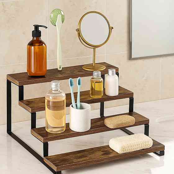 Полка для кухни и ванной комнаты многоярусная на 4 ступени деревянная,стойка ступенчатая для банок специй Каменец-Подольский