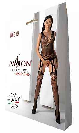 Бодістокінг з плетінням на грудях Passion BS099 One Size, black, відкритий доступ, імітація підв’язо Sex Aura Київ