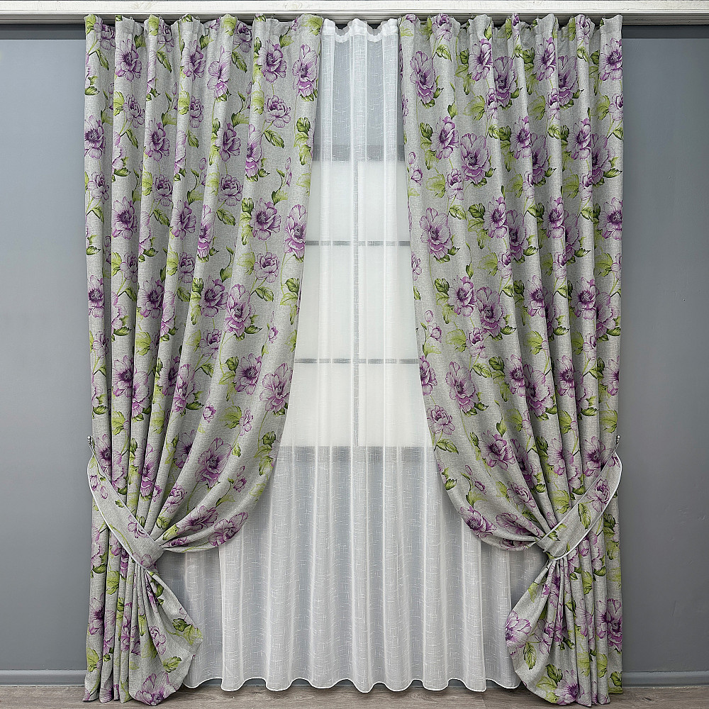 Комплект штор VR-Textil Лен Прованс 150х270 2шт и Тюль 400х270 2079ш-115т Серый с фиолетовым и белым 71-214/3 Киев - изображение 1