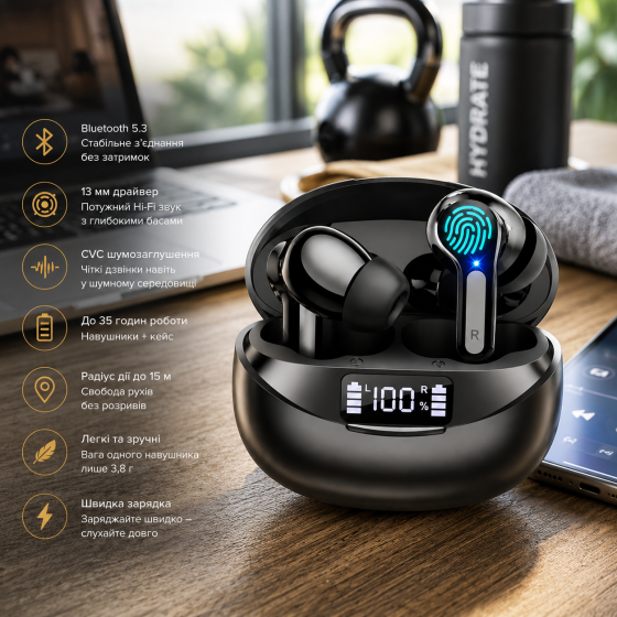 Беспроводные наушники Bluetooth 5.3 Hi-Fi, 13 мм, CVC, до 35 часов работы, 15 м, 3,8 г, быстрая зарядка, LED-дисплей Киев