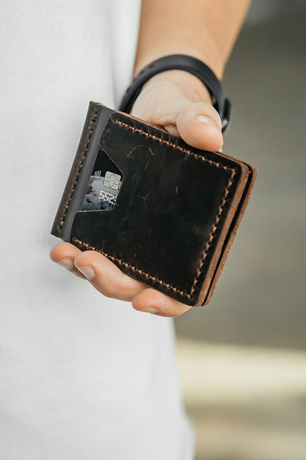 Чоловічий гаманець із натуральної шкіри, чорний місткий гаманець, чоловічий на кнопці гаманець із Crazy HorseMasterSem Київ - фото 3