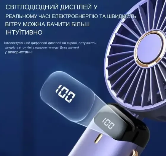 Портативний ручний міні вентилятор акумуляторний USB бездротовий з дисплеєм переносний (Синій)1800 мАг Київ