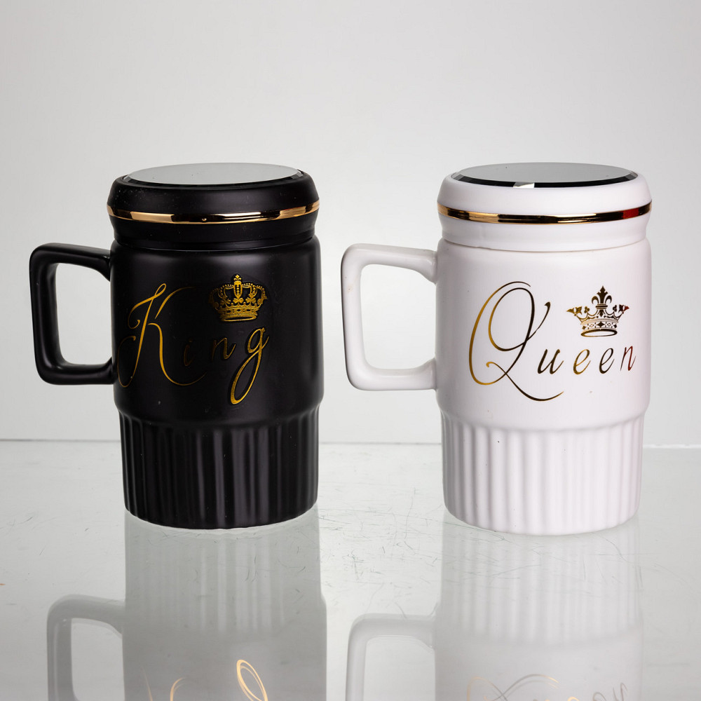 Yiwu Набір парних порцелянових чашок з кришкою 2 (шт) по 450 (мл) Чорний з білим Yiwu FM-26 Коломыя - изображение 1