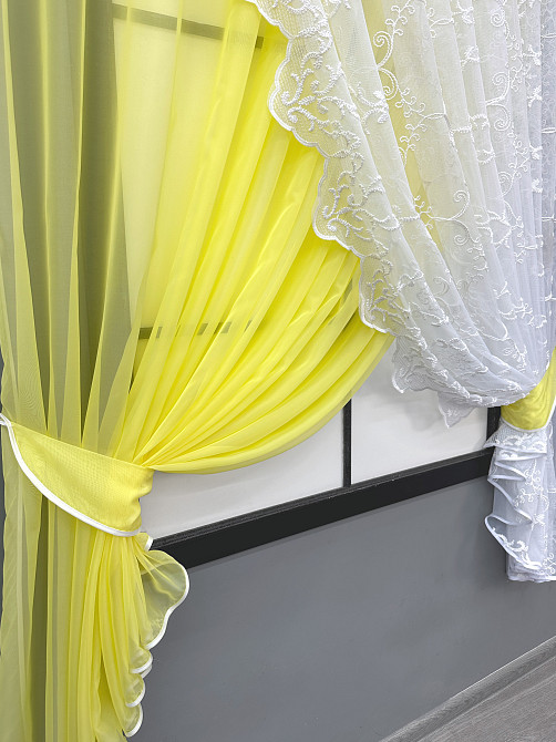 Кухонні шторки VR-Textil № 101к з підв'язками жовтий з білим 310х170 см (52-1228) Київ - фото 5