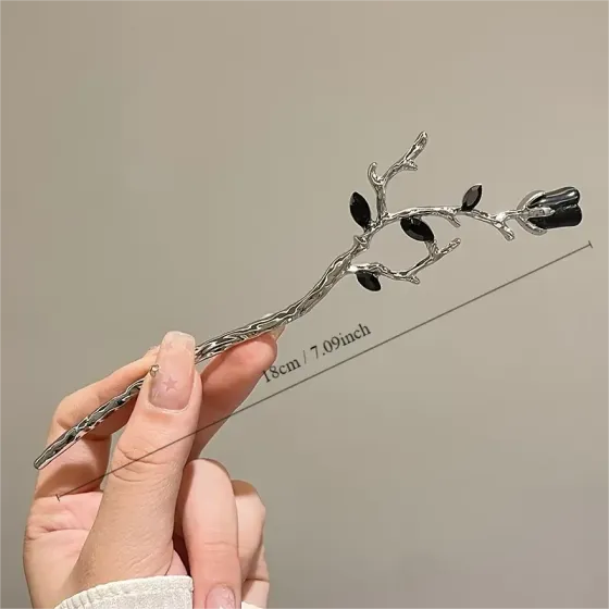 Шпилька для волос «Веточка розы», набор 2 шт — серебристые, 18 см (цинковый сплав) Киев