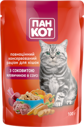 Влажный корм для кошек Пан Кот сочная говядина в соусе 100 г Винница