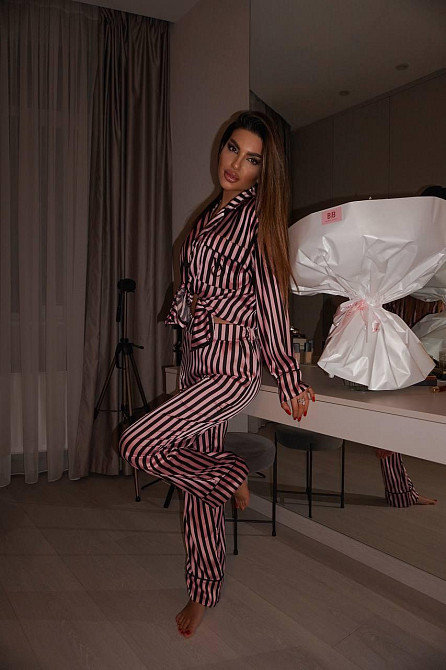 Женская шелковая пижама двойка в полоску Черный, 48/50 Одесса - изображение 6