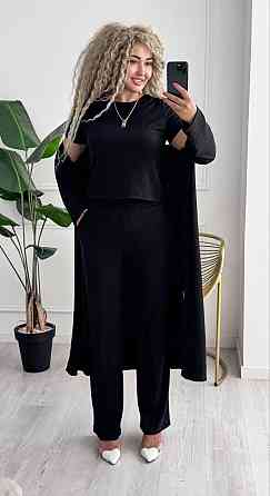 Женский базовый прогулочный костюм тройка: кардиган футболка и штаны трикотажный рубчик Черный, 52/54 Одесса