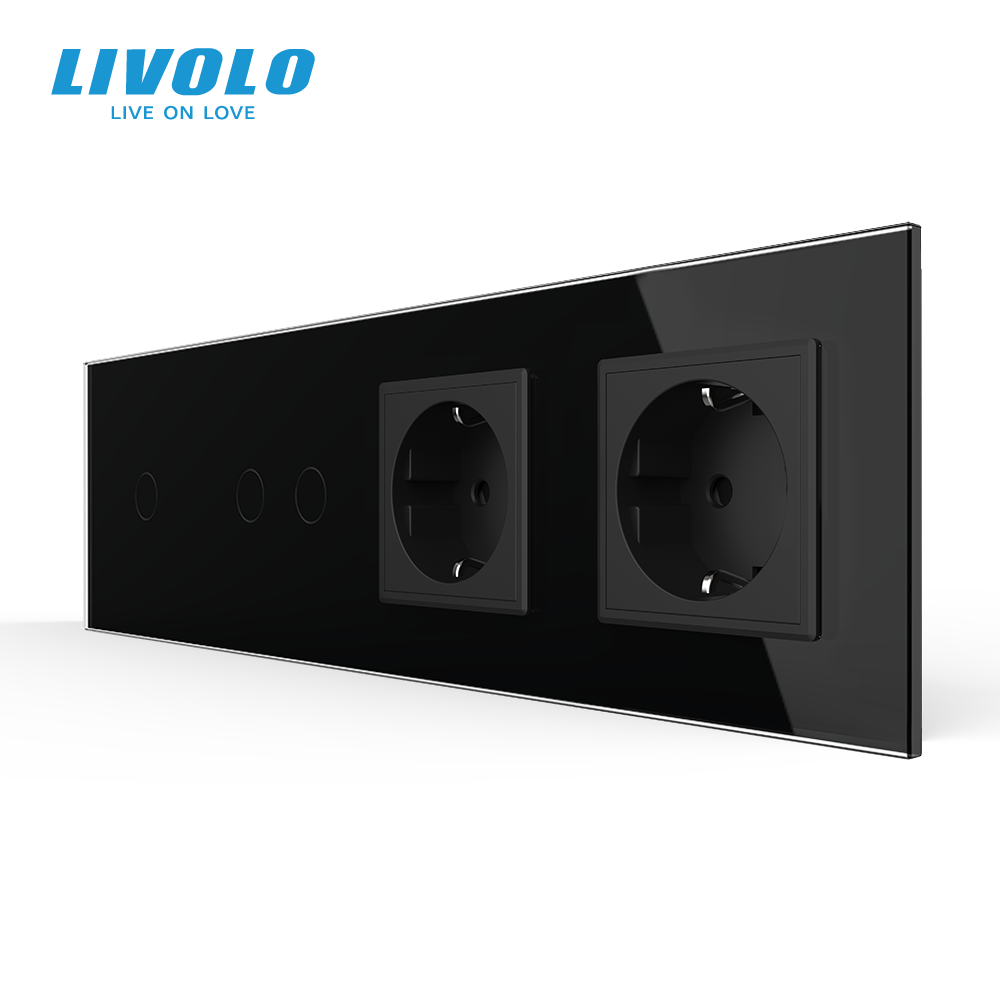 LIVOLO Сенсорний вимикач 3 сенсора (1-2) 2 розетки Livolo чорний скло (VL-C701/C702/C7C2EU-12) Коломия - фото 7