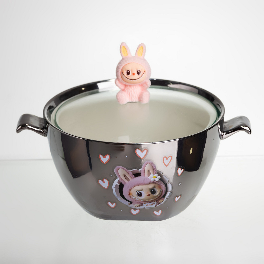 Бульйонниця порцелянова Labubu з кришкою та ручками 800 (мл) Ø15 (см) дитяча тарілка для супу та локшини Сріблястий з рожевим SBR Київ - фото 1