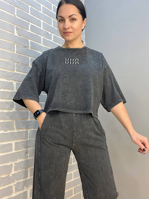 Костюм жіночий Coast Moda 4207 варений з короткою футболкою оверсайз та брюками рівними від стегна чорний, чорний, M Київ - фото 18