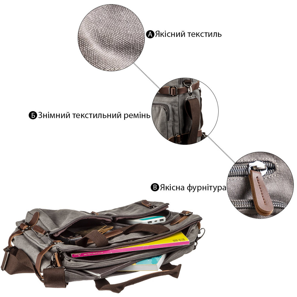 Сумка-трансоформер текстильна велика Vintage 20151 Сіра Київ - фото 9