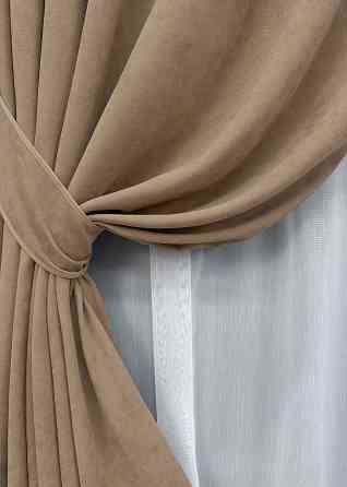 Комплект штор VR-Textil Мікровелюр Petek 150х270 2шт і Тюль 400х270 1701ш-1153т Капучино з білим 71-055/3 Київ