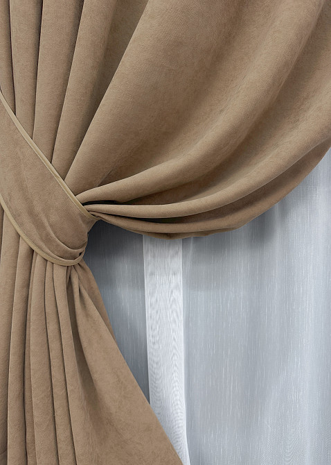 Комплект штор VR-Textil Микровелюр Petek 150х270 2шт и Тюль 400х270 1701ш-1153т Капучино с белым 71-055/3 Киев - изображение 4