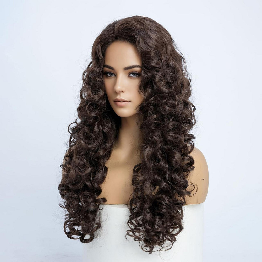 Перука жіноча довга кучерява термостійка 60 см каштанова, коричнева, синтетичне волосся для косплею, свят, Геловіну Київ - фото 3