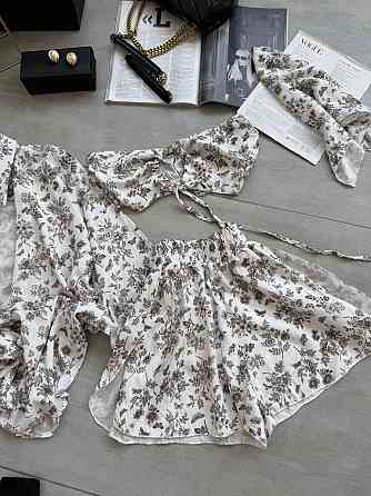 Жіночий літній принтований костюм четверка: хустка, кроп-топ, сорочка та шорти штапель/софт Чорний Одеса