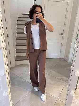 Жіночий легкий брючний костюм-трійка: жилет футболка та штани турецький натуральний льон + софт Моко, 50/52 Одеса