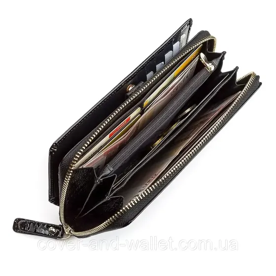 Черный лаковый женский кошелек на молнии с блоком для карточек S7001A Black Киев