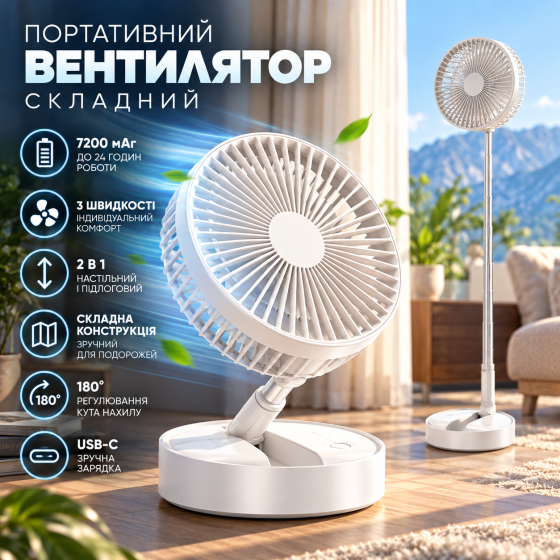 Складаний портативний вентилятор 7200 мАг, настільний і підлоговий, акумуляторний, білий, для дому, офісу та подорожей Київ