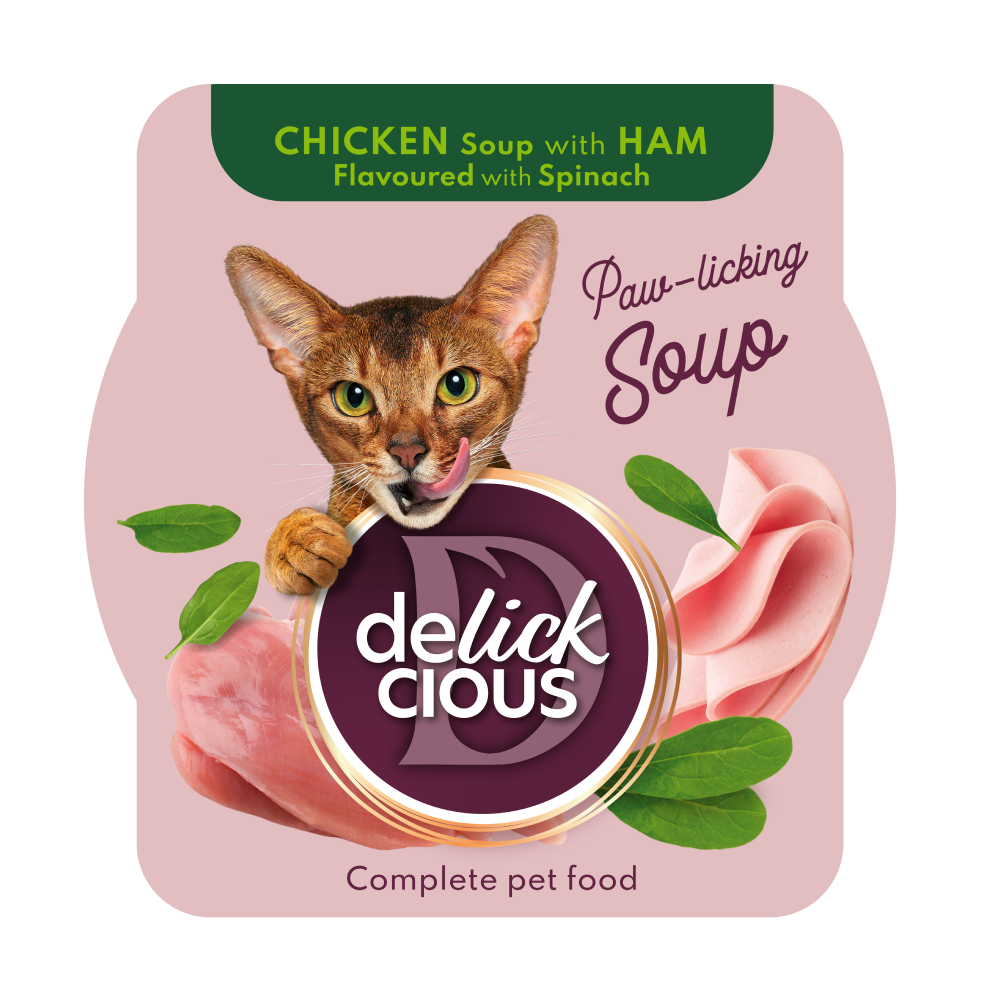 Повноцінний корм для дорослих котів Делікшес Delickcious суп з курки з шинкою та додаванням шпинату, 80 г Вінниця - фото 1