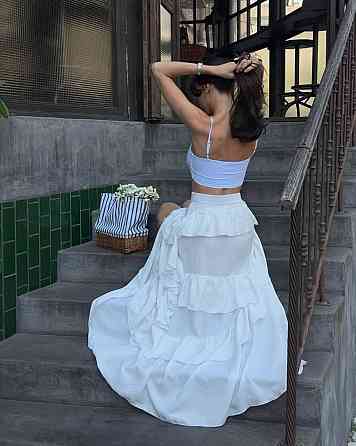 Жіноча романтична довга спідниця з воланами льон бохо Молочний, 44/46 Одеса