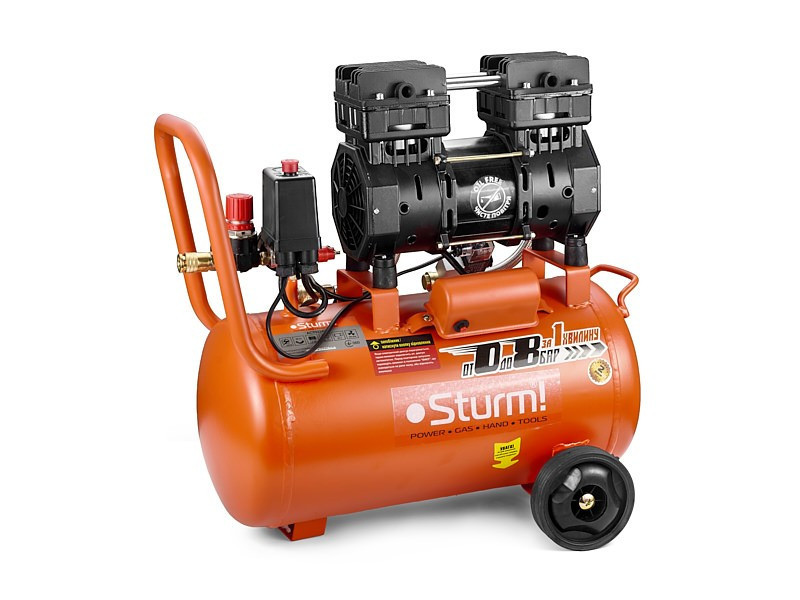 Компресор 24 л, 1.5 кВт, 8 атм, 209 л/хв, малошумний, безоливний, 2 циліндр Sturm AC93224OL (читати Рівне - фото 1