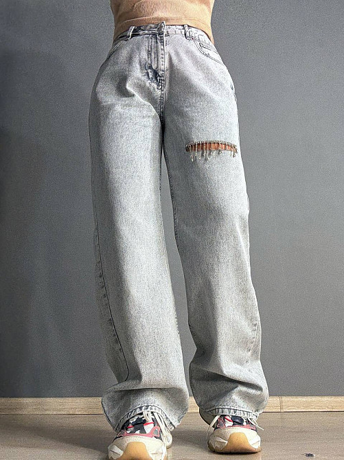Джинсы женские Its Basic 2775 STRAIGHT FIT прямые свободные с разрезом и стразами серые, серый, 40,  Одесса - изображение 7