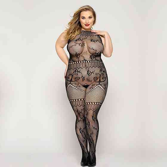 Мереживний бодістокінг JSY «Гаряча Хейлі» Plus Size, Black, халтер, імітація панчіх, відкритий досту Sex Aura Київ