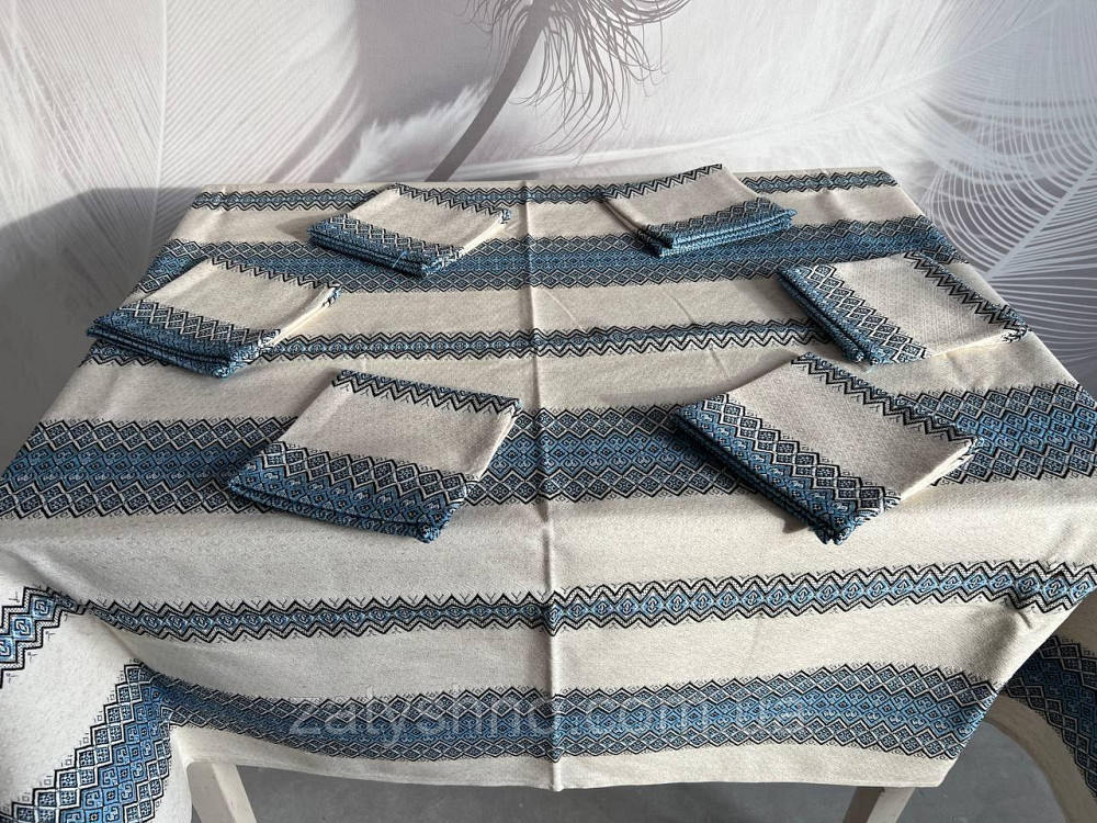 Блакитна вишита скатертина з серветками на льону Київ - фото 8