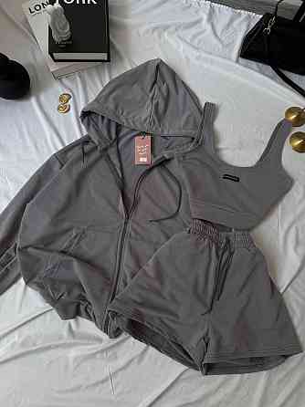 Женский прогулочный костюм тройка: кофта топ и шорты двунитка Одесса