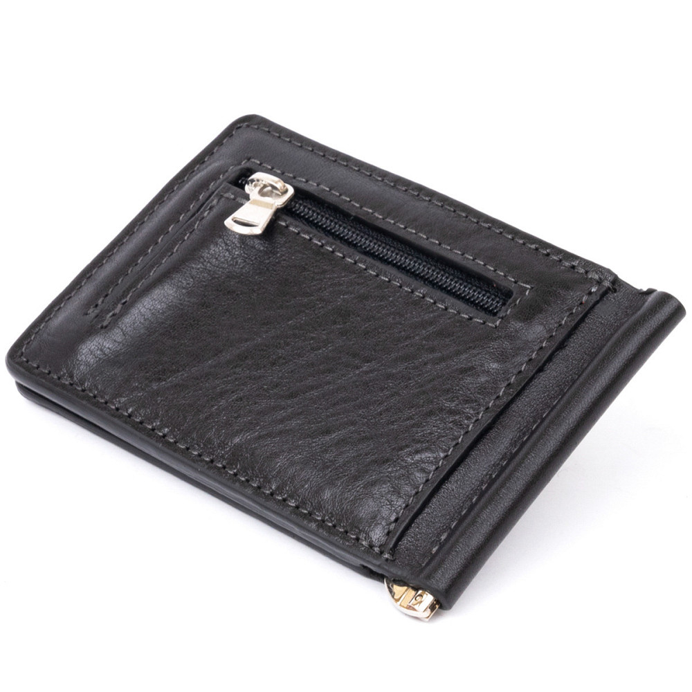 Стильне портмоне з затискачем для грошей без застібки в гладкій шкірі Чорне (GRANDE PELLE) Київ - фото 6