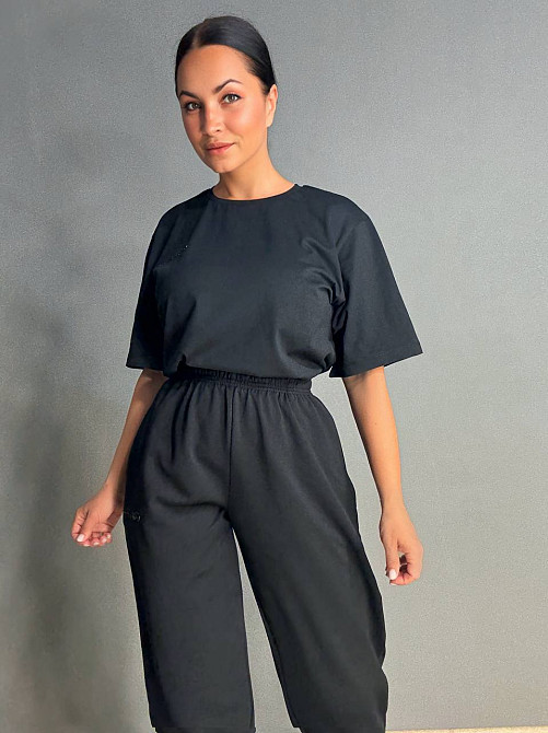 Костюм жіночий CAPPITONE 101213 футболка оверсайз та штани джоггери з написом чорний, чорний, S Одеса - фото 2