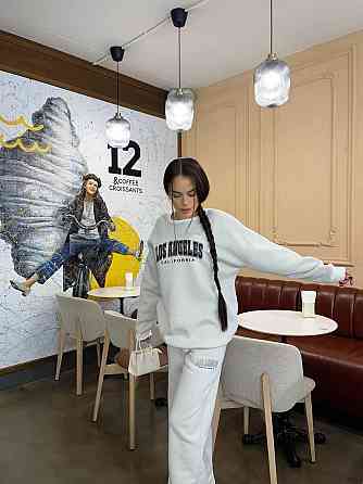 Жіночий теплий оверсайз костюм-двійка з накатом тринитка на флісі + турецька РИБАНА Бежевий, 48/50 Одеса