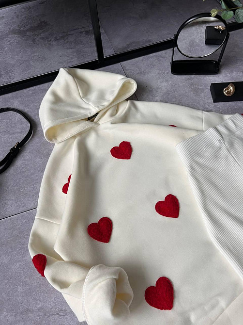 Женский теплый прогулочный костюм двойка с сердечками трехнить на флисе + ангора рубчик Одесса - изображение 3