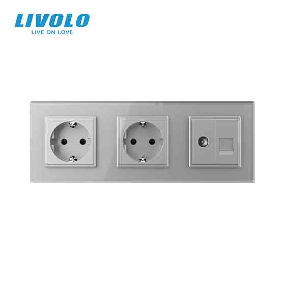 LIVOLO Розетка тримісна комбінована Силова Інтернет ТБ Livolo сірий скло (VL-C7C2EU1C1V-15) Коломия