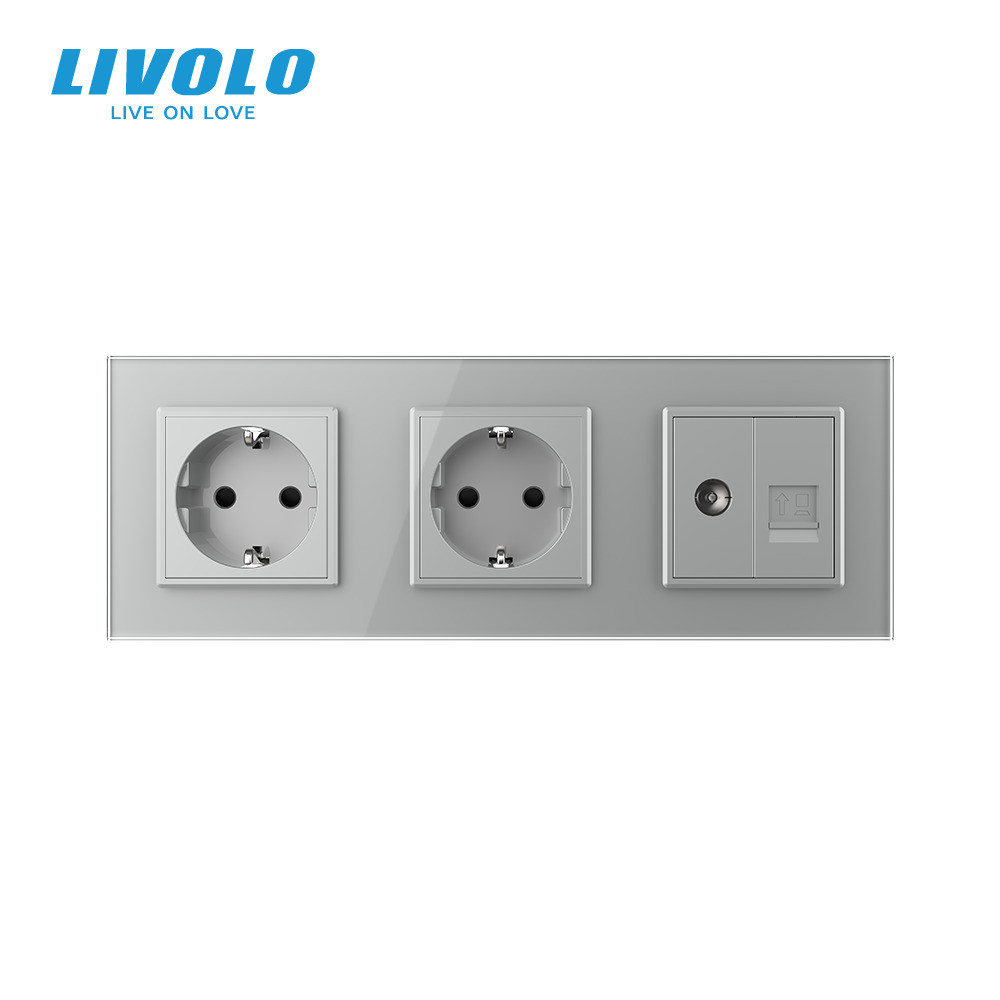 LIVOLO Розетка тримісна комбінована Силова Інтернет ТБ Livolo сірий скло (VL-C7C2EU1C1V-15) Коломия - фото 4