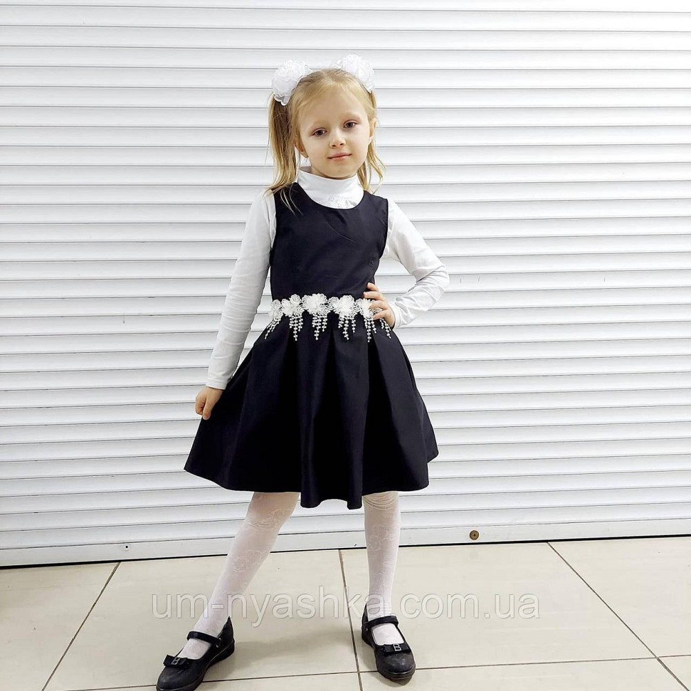 Сарафан шкільний чорний із білим мереживом 134-140 Кривий Ріг - фото 1