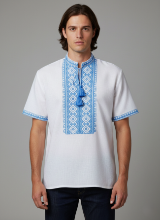 Мужская вышитая рубашка в этническом стиле синий орнамент с вышитым коротким рукавом 48 Киев
