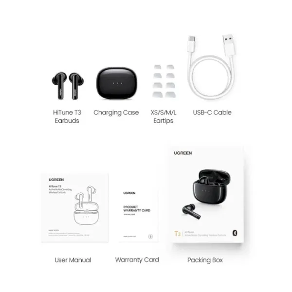 Беспроводные наушники UGREEN WS106 HiTune T3 Active Noise-Cancelling Wireless Earbuds, IPX5, Black(UGR-90401) Киев - изображение 15
