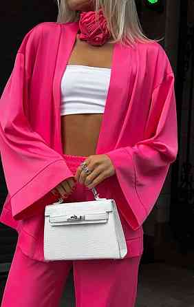 Жіночий базовий костюм-двійка: кімоно та штани атлас Малиновий Одеса