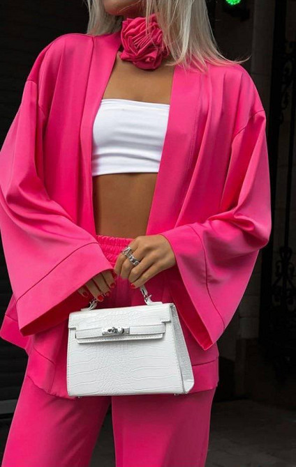 Жіночий базовий костюм-двійка: кімоно та штани атлас Малиновий Одеса - фото 5