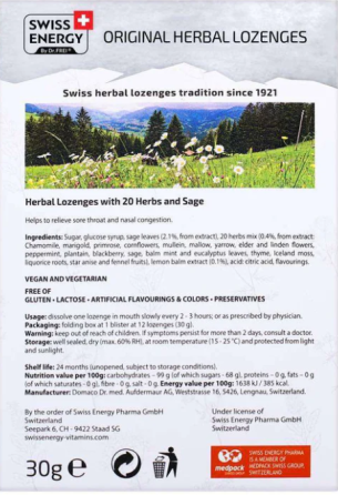 Льодяники з шавлією та ментолом для дорослих Swiss Energy Herbal Lozenges Blister 20 herbs + Sage 12 льод Київ