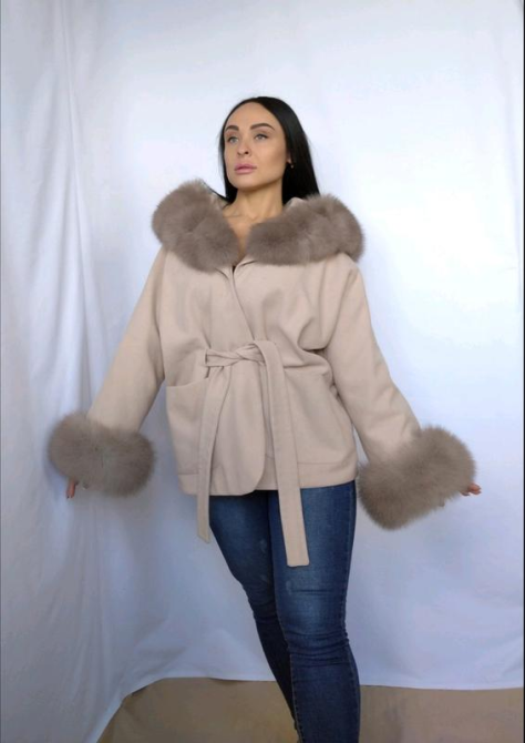 Пончо пальто жіноче з хутром капюшон і манжети Бежевий 50/52 Харків - фото 3