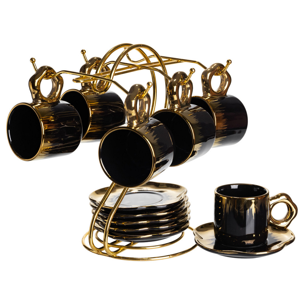 Набір чашок для кави на металевій підставці 6 (шт) по 100 (мл) Чорний з золотом FM-47 SBR Київ - фото 2