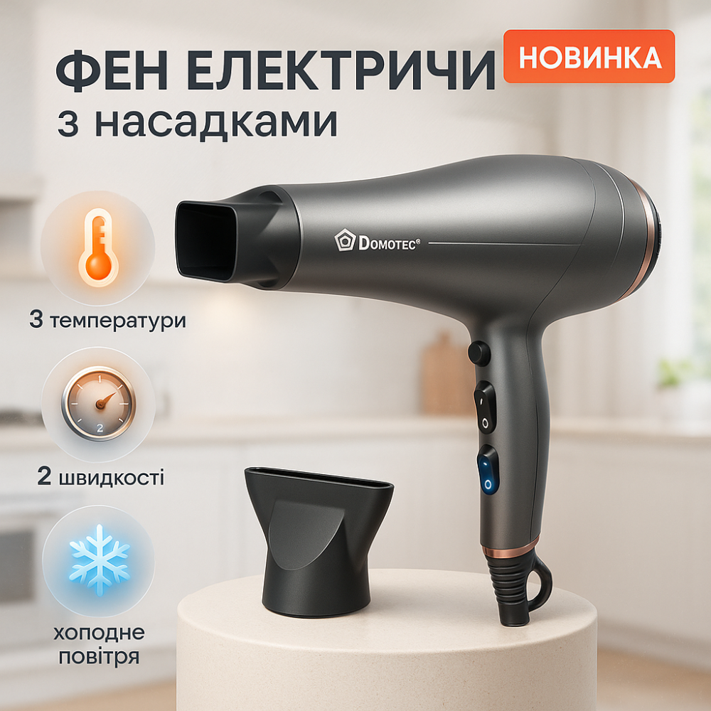 Дорожній фен для волосся Domotec, Фен з регульованою швидкістю і температурою Жіночий для волосся BK-13 Львів - фото 13