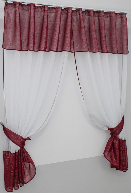 Кухонні штори VR-Textil № 073к з ламбрекеном і підхватами бордовий з білим 270х170 см (50-773) Київ - фото 2